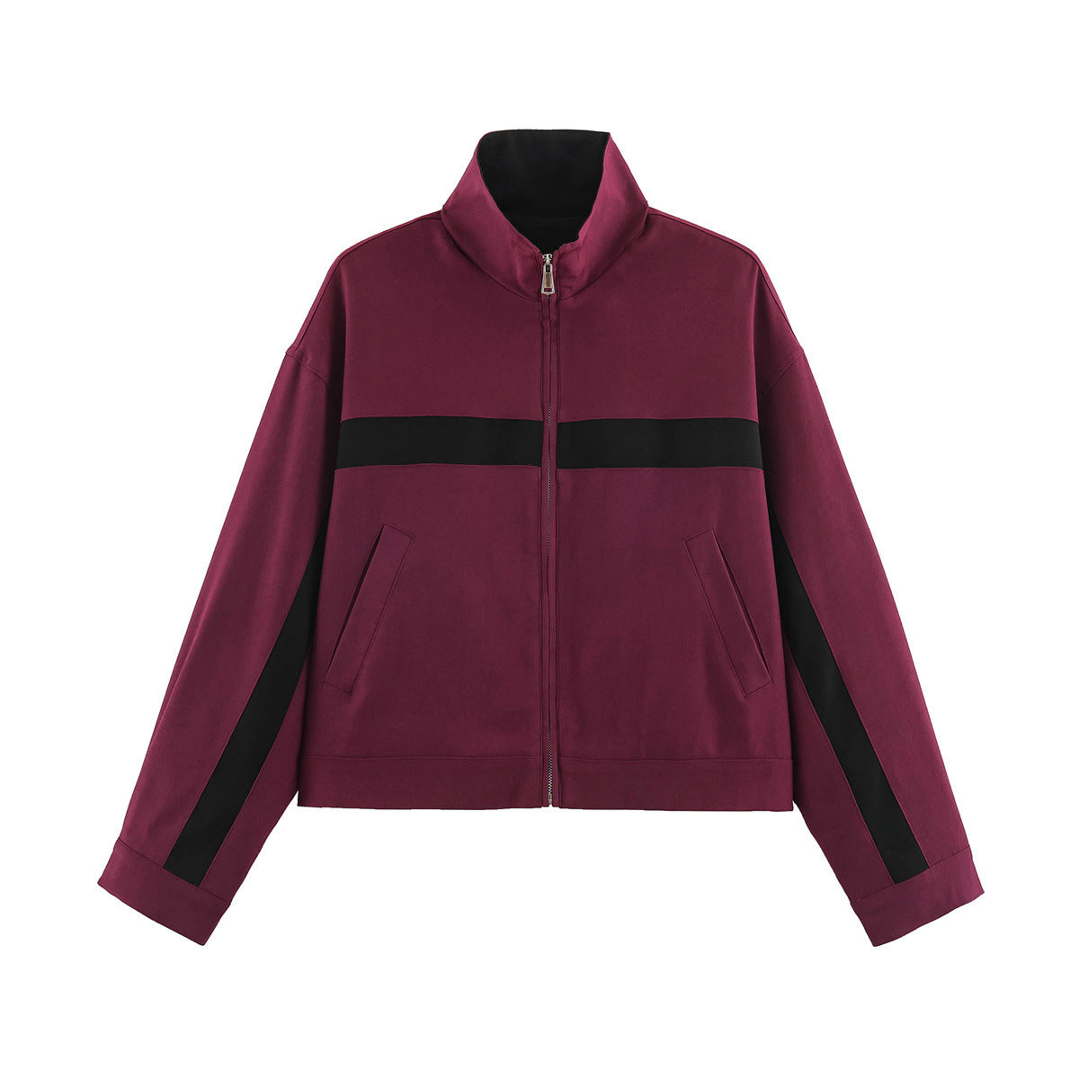 Ladies Cropped Track Jacket with Stand-up Collar, Zipper and Side Contrast Stripes EVA-US