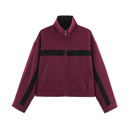 Ladies Cropped Track Jacket with Stand-up Collar, Zipper and Side Contrast Stripes EVA-US