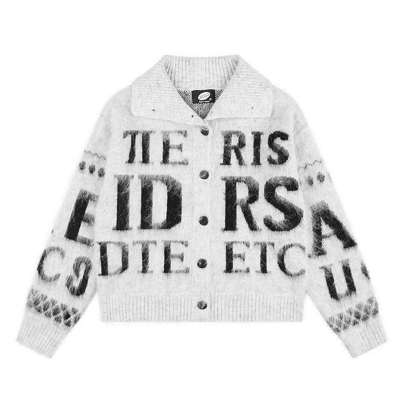 Women’s oversized mohair cardigan with button placket, large lapel collar, and typographic all-over print EVA-US