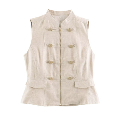 Women's Military-Inspired Tailored Vest with Stand-Up Collar and Decorative Button Placket EVA-US
