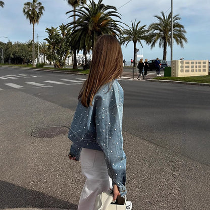 Women's Cropped Denim Jacket with Bead Detailing and Oversized Sleeves EVA-US