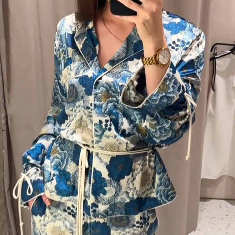 Women Two-Piece Floral Jacquard Loungewear Set with Waist Belt, Piping and Tied Sleeves EVA-US