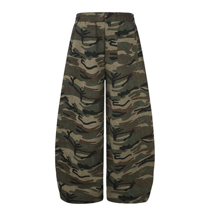 Women Extra Wide Camouflage Palazzo Pants with Drawstring Waist, Cord Drawstring and Adjustable Hem