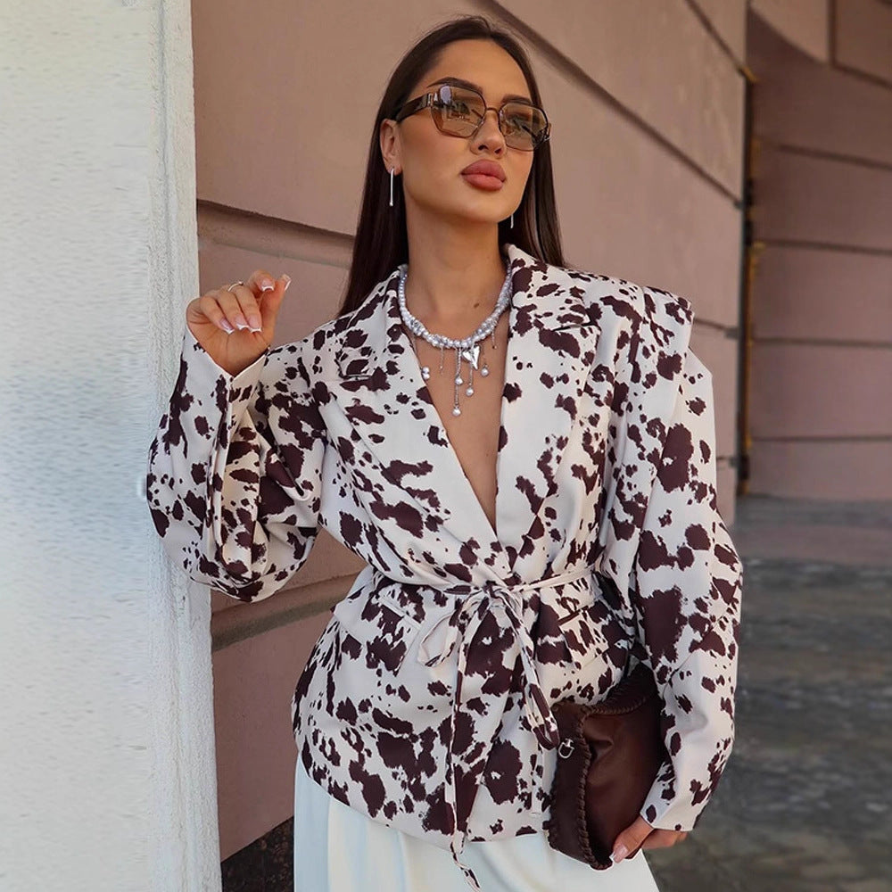 Women's patterned fitted blazer with drawstring belt and dropped shoulders EVA-US