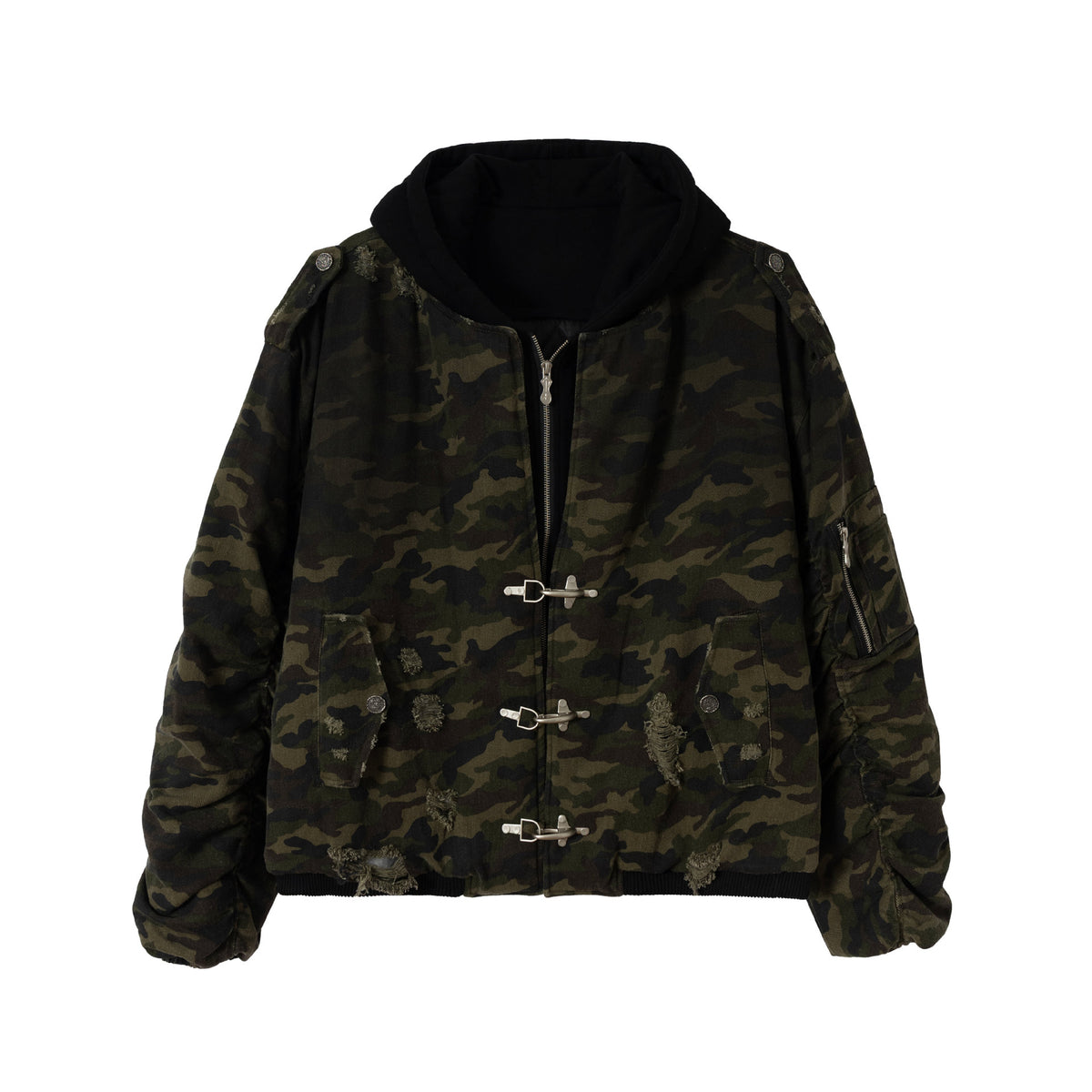 Men's Camouflage Utility Bomber Jacket with Hood, Distressed Details and Hook Closure EVA-US