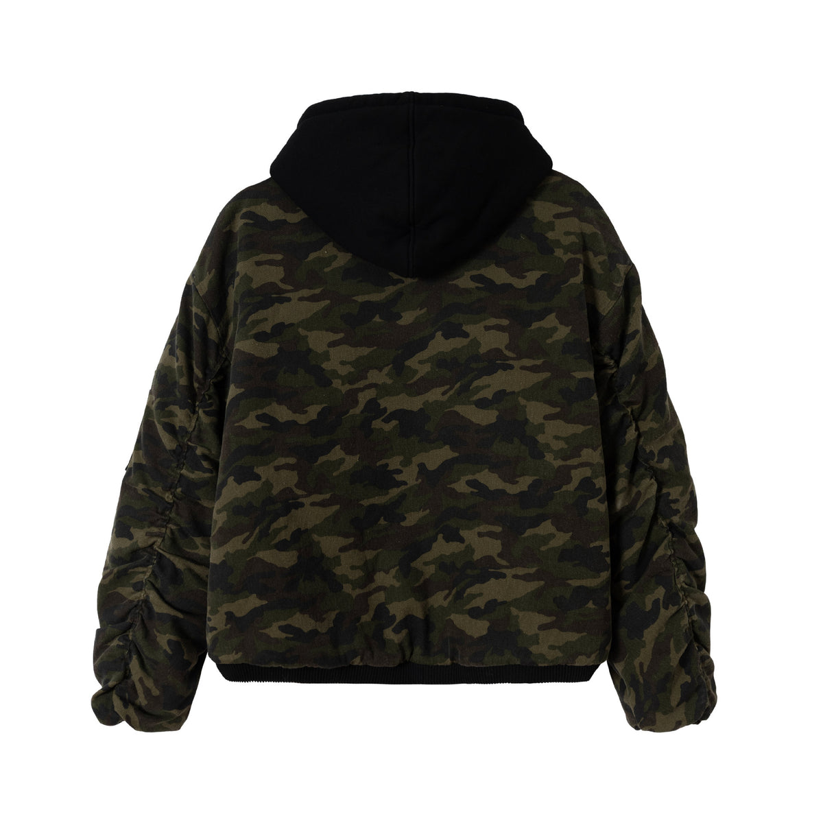 Men's Camouflage Utility Bomber Jacket with Hood, Distressed Details and Hook Closure EVA-US