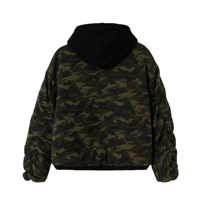 Men's Camouflage Utility Bomber Jacket with Hood, Distressed Details and Hook Closure EVA-US
