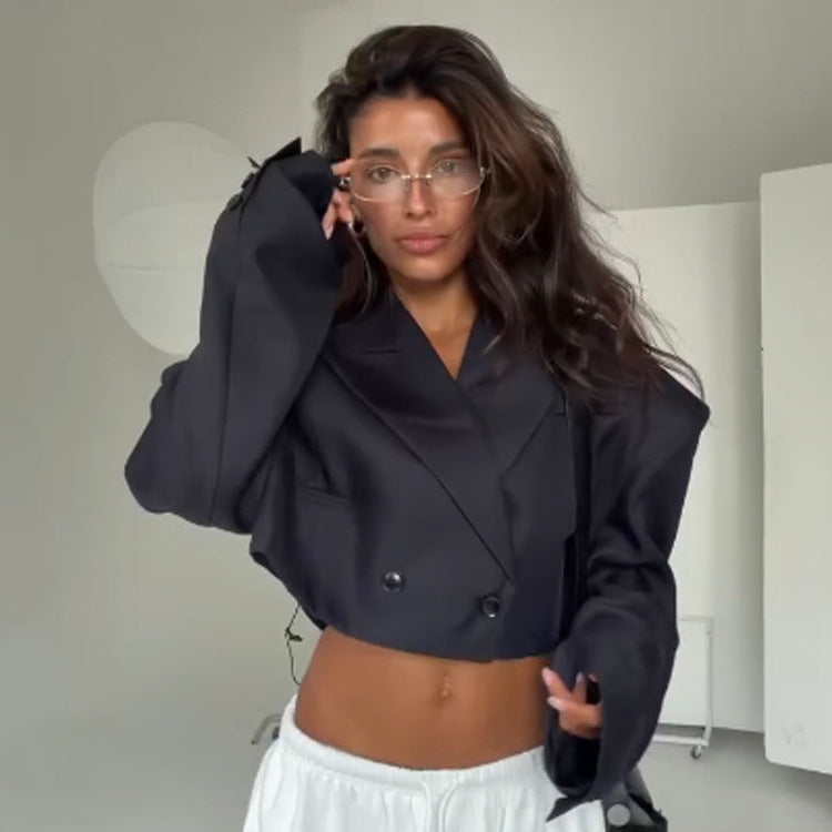 Women Cropped Boxy Blazer with Sculptured Shoulders and Boxy Silhouette EVA-US