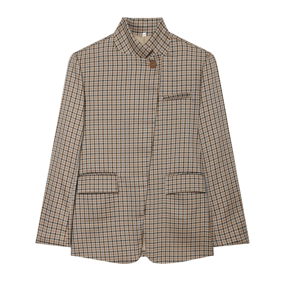 Women Checked Long Blazer with Stand Collar, Concealed Button Placket and Flap Pockets EVA-US