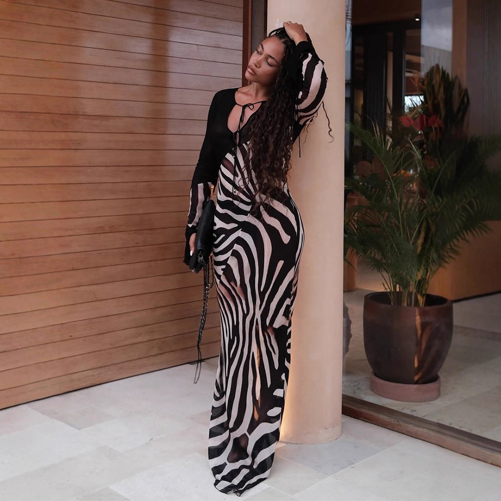 Women's figure-hugging mesh maxi dress with deep V-neck and graphic zebra print EVA-US