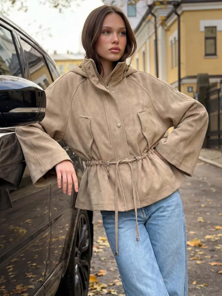Women Short Jacket in Suede Look with Hood and Waist Drawstring EVA-US