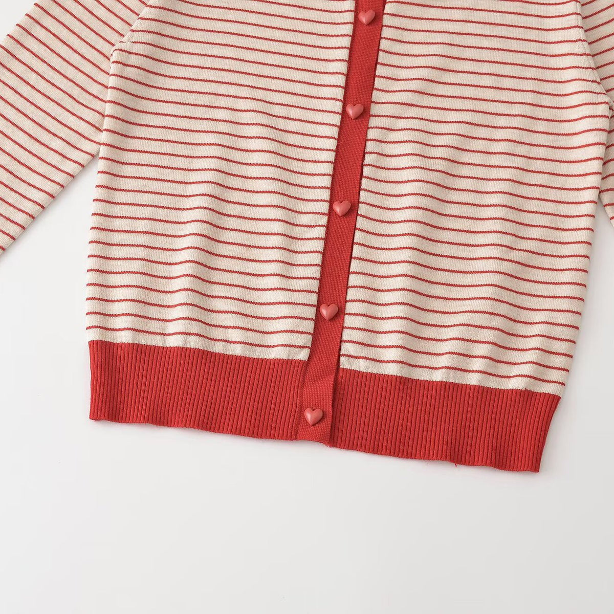 Women Striped Cropped Fine Knit Cardigan with Heart Buttons and Rib Trimmings EVA-US