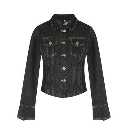 Women's tailored cropped denim jacket with shaping seams, chest patches, and decorative buttons EVA-US