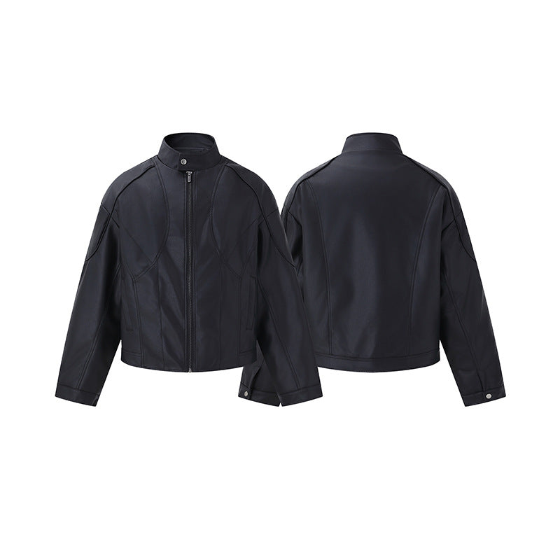 Men's Short Boxy Mock-Leather Jacket with Geometric Seam Design EVA-US