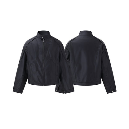 Men's Short Boxy Mock-Leather Jacket with Geometric Seam Design EVA-US