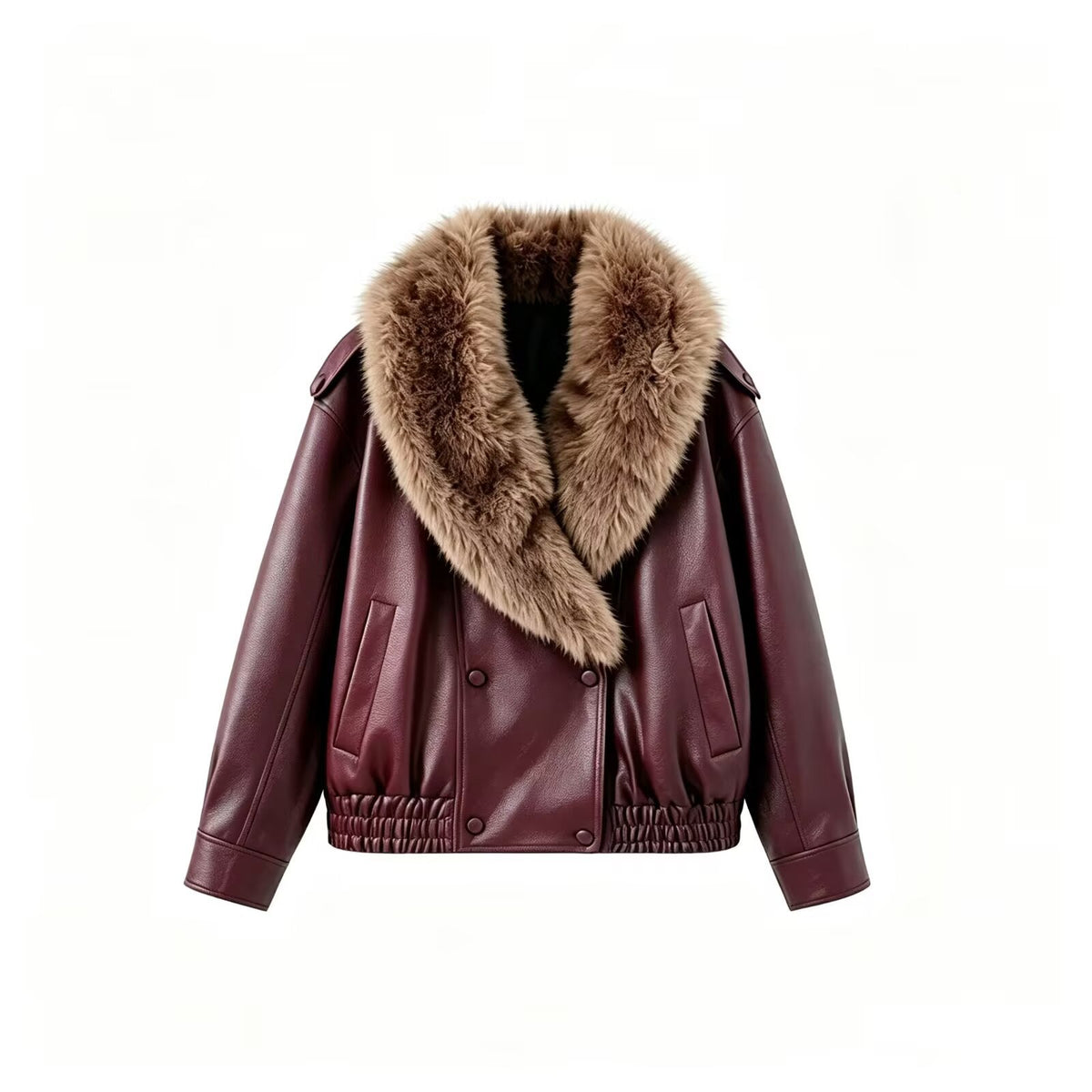 Women's Faux Leather Bomber Jacket with Large Faux Fur Collar EVA-US