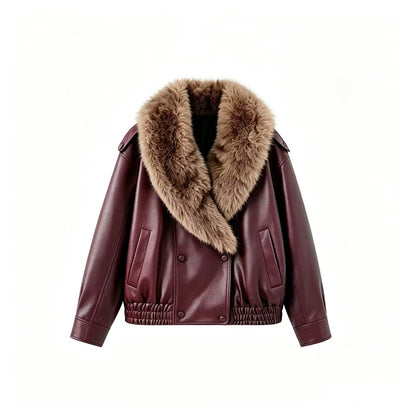 Women's Faux Leather Bomber Jacket with Large Faux Fur Collar EVA-US