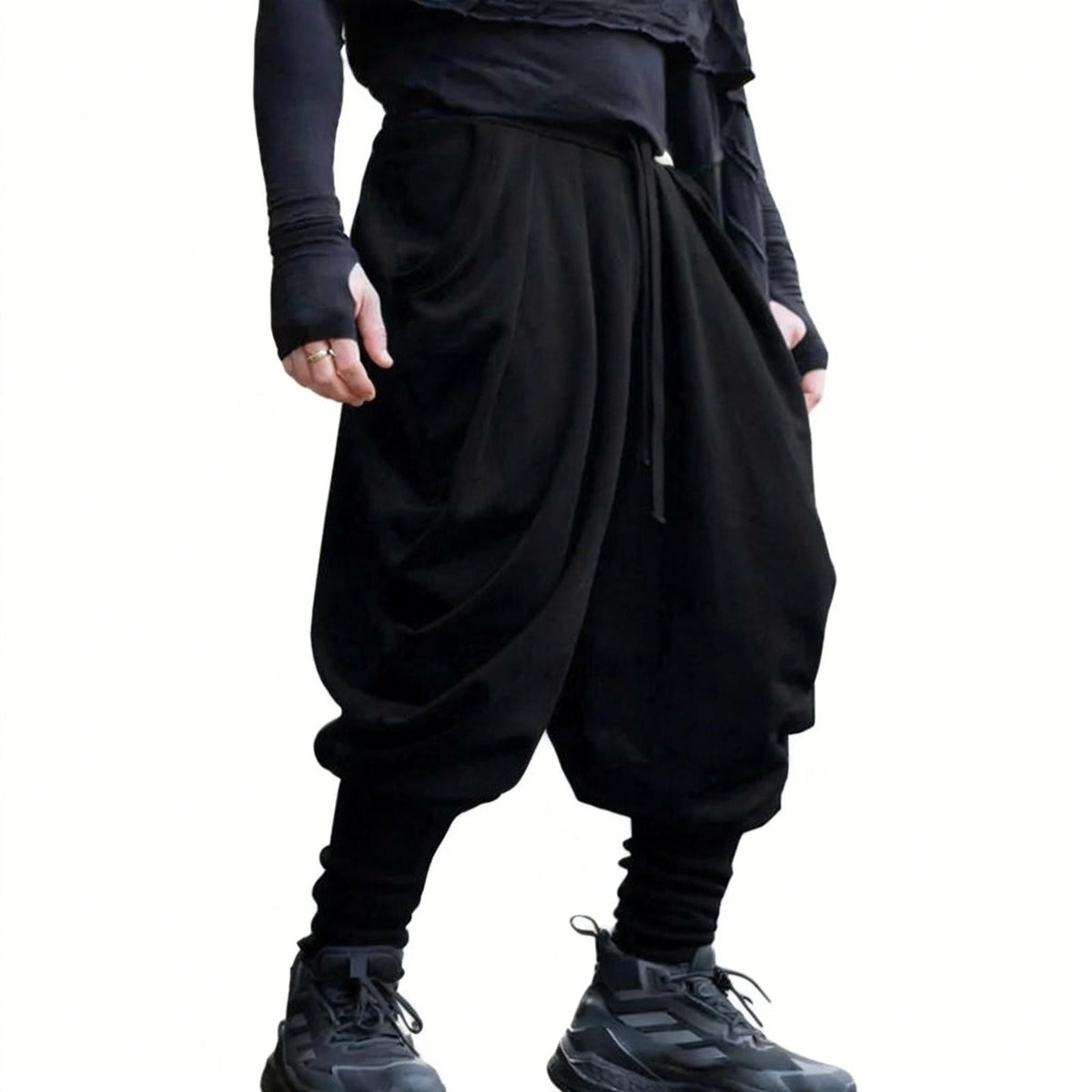 Men's avant-garde harem pants with wrap front, elastic waistband, and narrow lower leg EVA-US