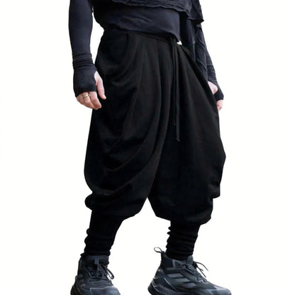 Men's avant-garde harem pants with wrap front, elastic waistband, and narrow lower leg EVA-US