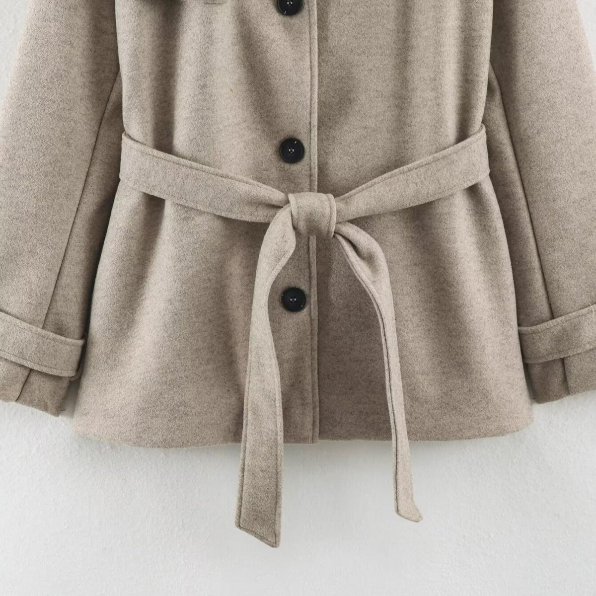 Women’s short trench coat made of wool blend with stand-up collar, epaulettes, and tie belt EVA-US