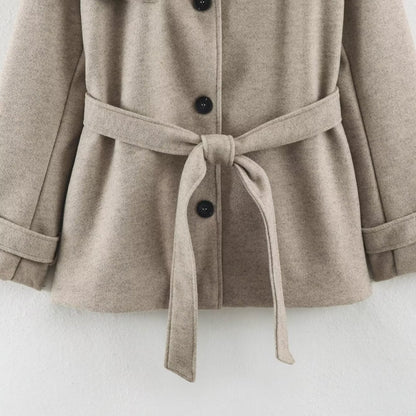 Women’s short trench coat made of wool blend with stand-up collar, epaulettes, and tie belt EVA-US