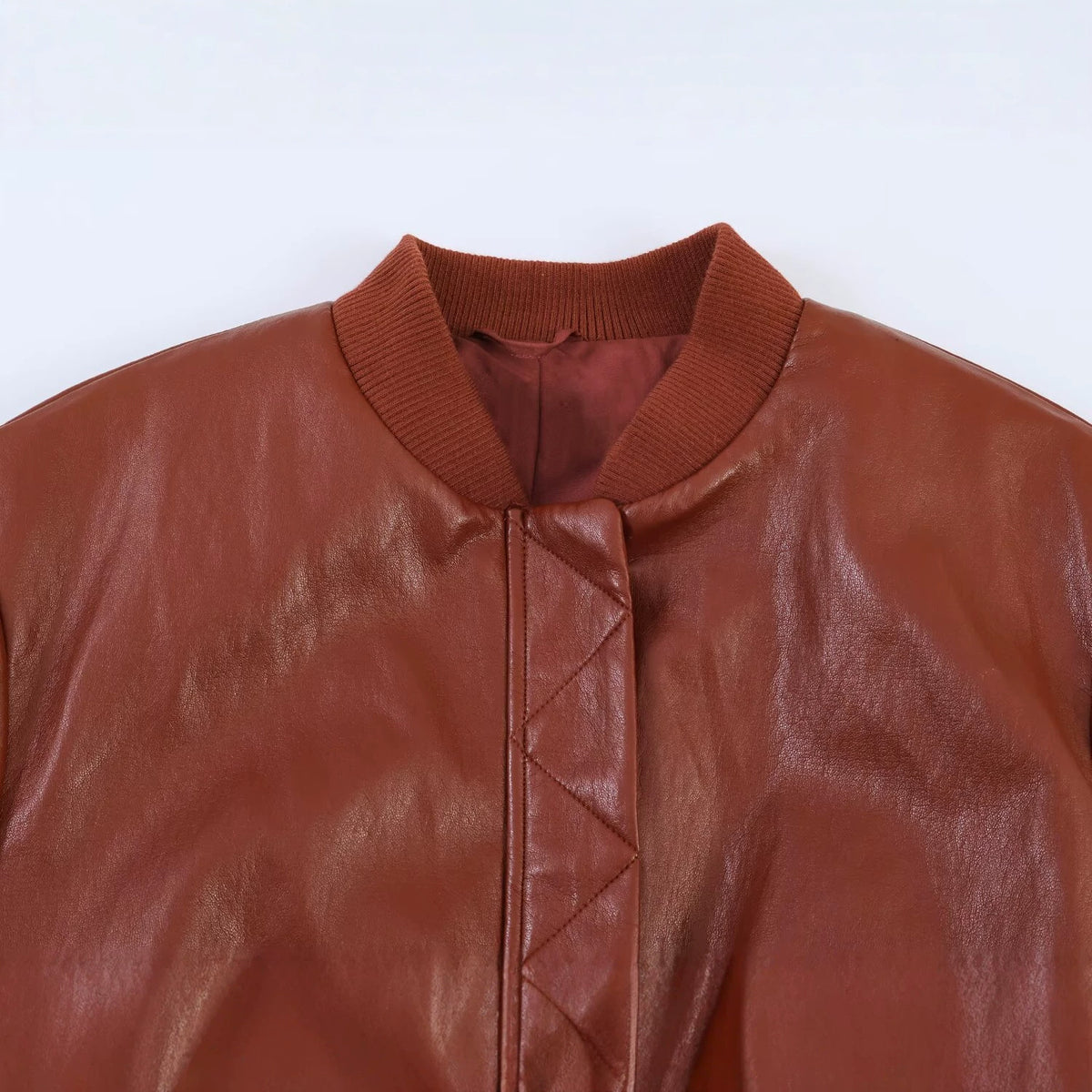 Women's Shiny Faux Leather Bomber Jacket with Ribbed Collar, Concealed Snap Button Placket and Kangaroo Pockets EVA-US