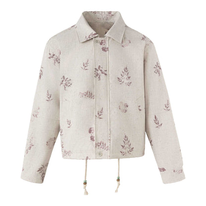 Women's Short Floral Linen Blouson with Drawstring, Concealed Button Placket and Shirt Collar EVA-US