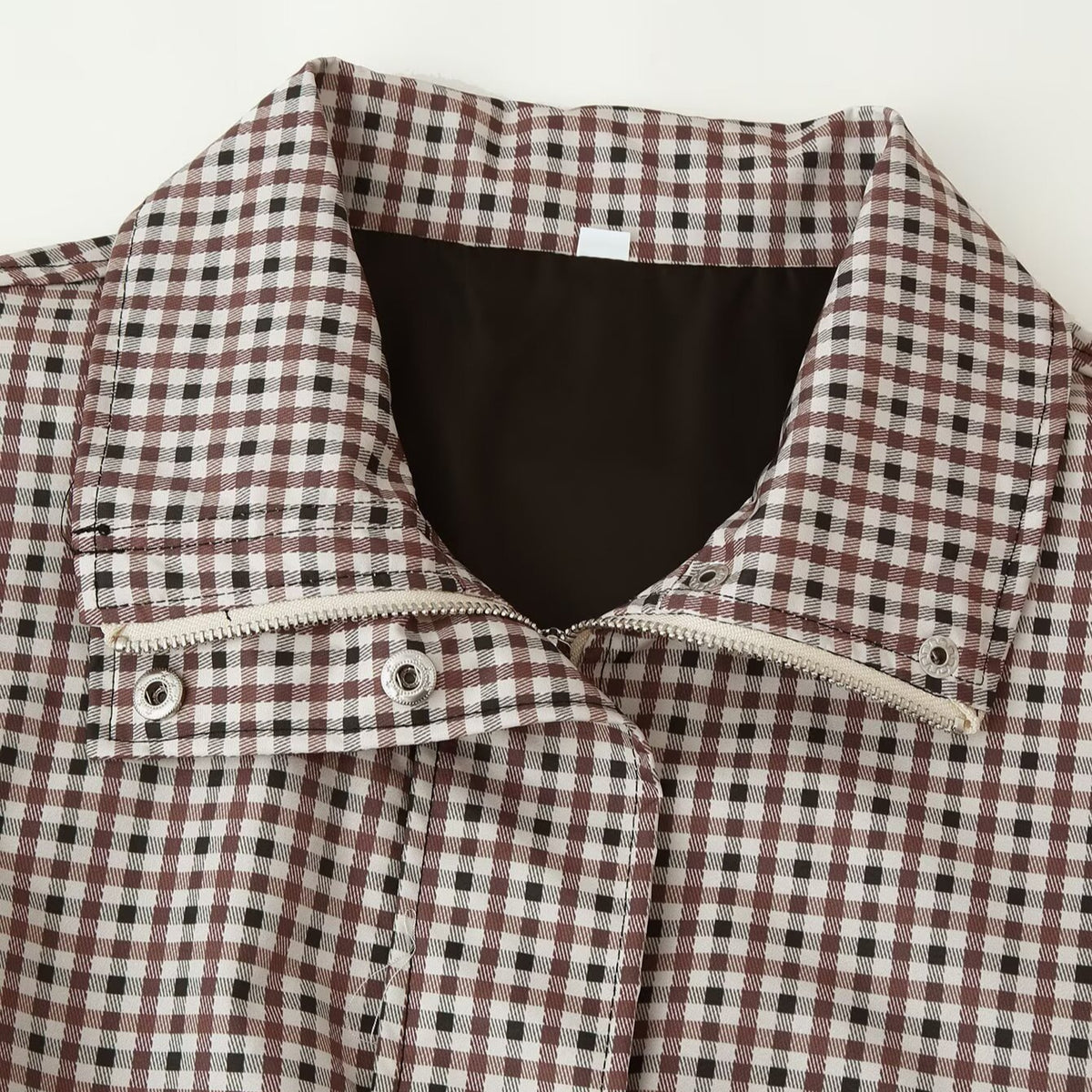 Women's Checked Cropped Field Jacket with Drawstring Hem, Stand-Up Collar and Boxy Silhouette EVA-US