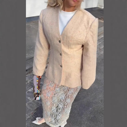 Women Tailored Structured Blazer with V-Neck and Emphasized Shoulder Area EVA-US