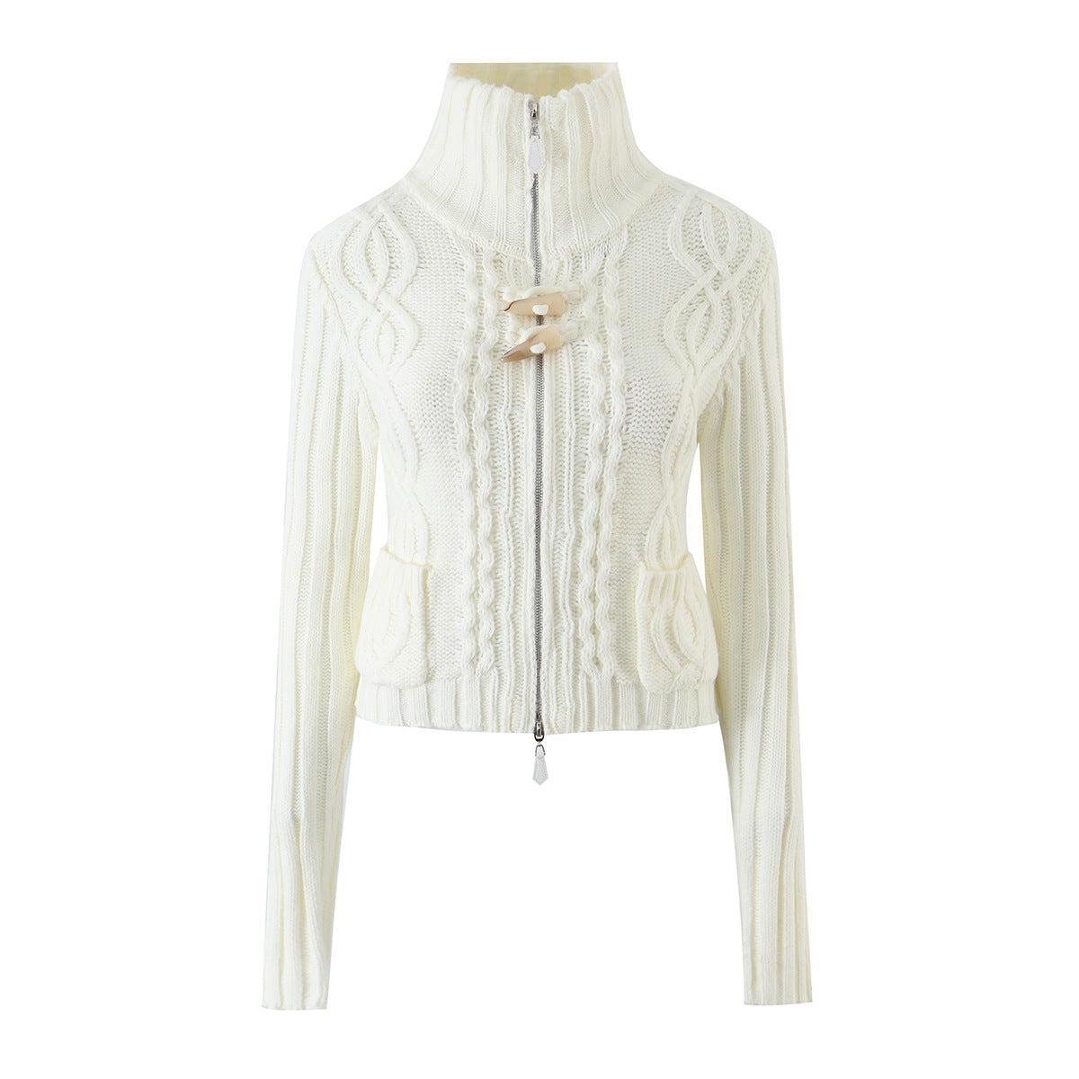 Ladies short knitted cardigan with stand-up collar, cable pattern, wooden button toggles and pockets EVA-US