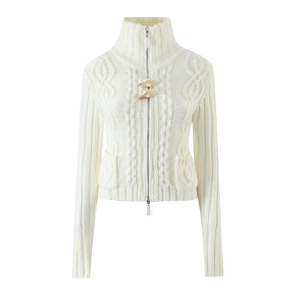 Ladies short knitted cardigan with stand-up collar, cable pattern, wooden button toggles and pockets EVA-US