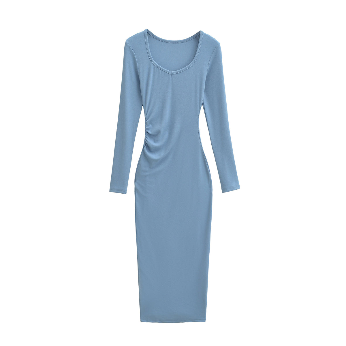 Women's Fitted Midi Dress with Side Ruching and Double Neckline EVA-US