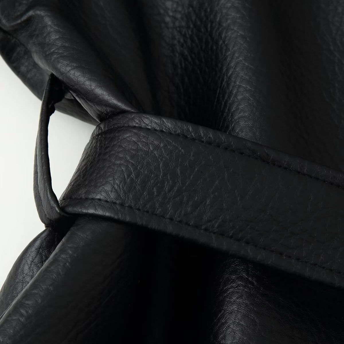 Women's short blazer made of vegan leather with shawl collar and waist tie belt EVA-US