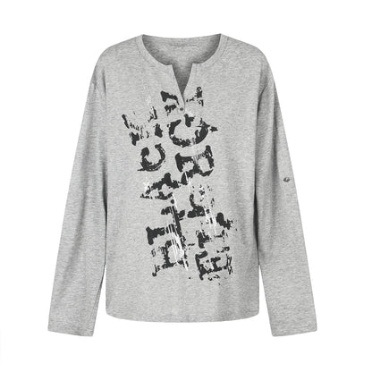 Women Casual Long Sleeve Shirt with Notch Neckline, Oversized Silhouette and Print Graphic EVA-US