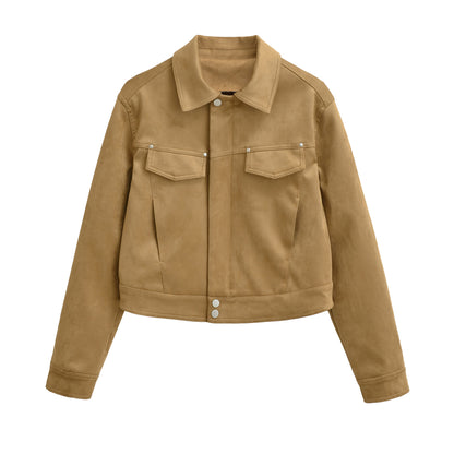 Women Short Velvet-Look Jacket with Snap Button Placket and Patch Breast Pockets EVA-US