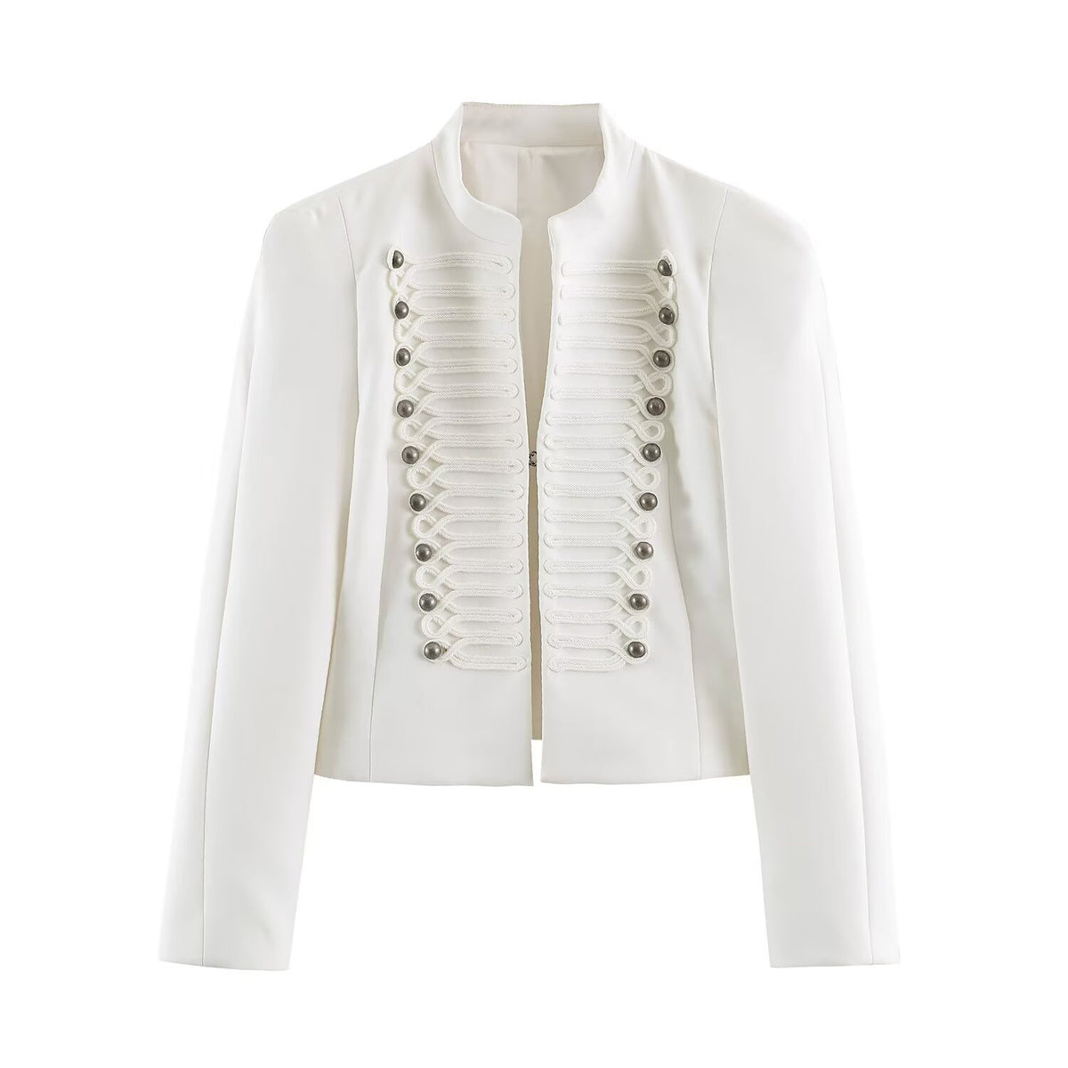 Women Short Cut Military Blazer with Stand Collar, Decorative Cords and Structured Silhouette EVA-US