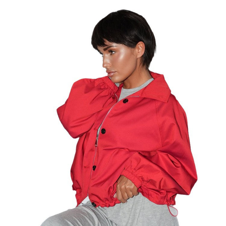 Women's Short Boxy Bomber Jacket with Drawstring and Balloon Sleeves EVA-US