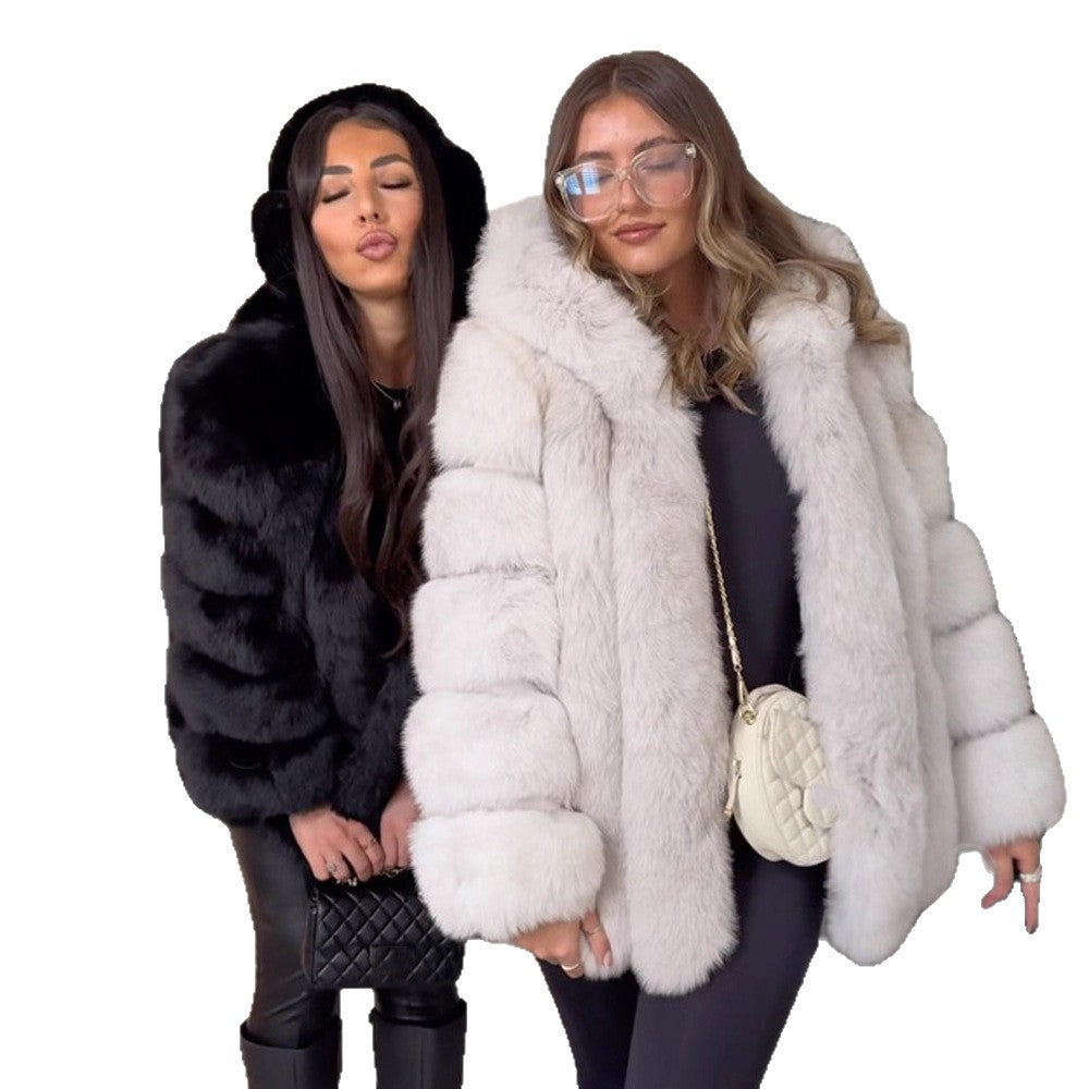 Ladies short coat made of faux fur with voluminous panels and shawl collar EVA-US