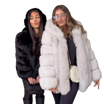 Ladies short coat made of faux fur with voluminous panels and shawl collar EVA-US