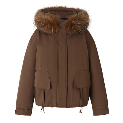 Women's short insulation jacket in boxy cut with voluminous faux fur trim and functional flap pockets