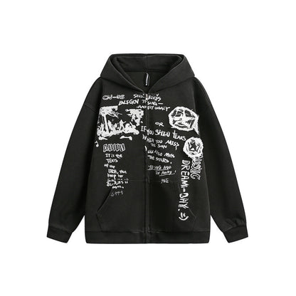 Unisex Oversize Hooded Zip Jacket with Artistic Print EVA-US