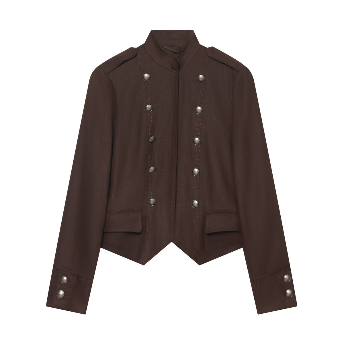 Women Short Military-Inspired Double-Breasted Jacket with Stand Collar and Flap Pockets EVA-US