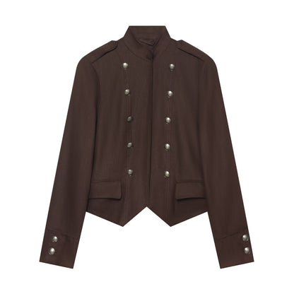 Women Short Military-Inspired Double-Breasted Jacket with Stand Collar and Flap Pockets EVA-US