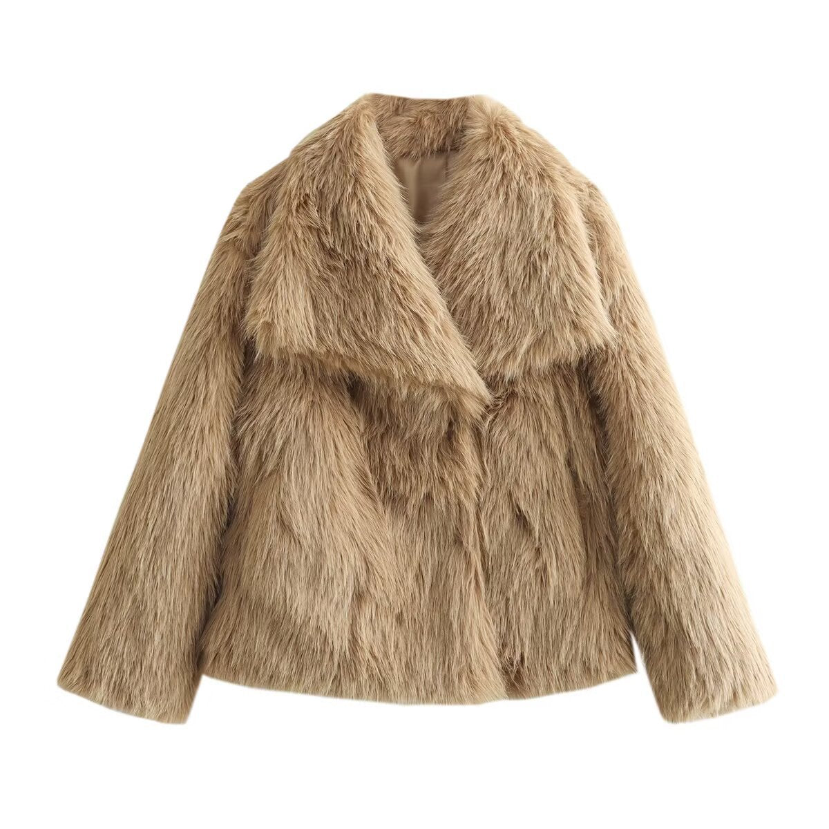 Women's Short Faux Fur Jacket with Wide Shawl Collar EVA-US