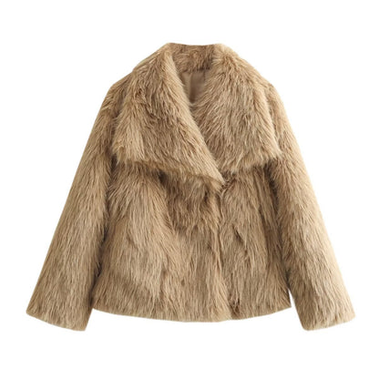 Women's Short Faux Fur Jacket with Wide Shawl Collar EVA-US
