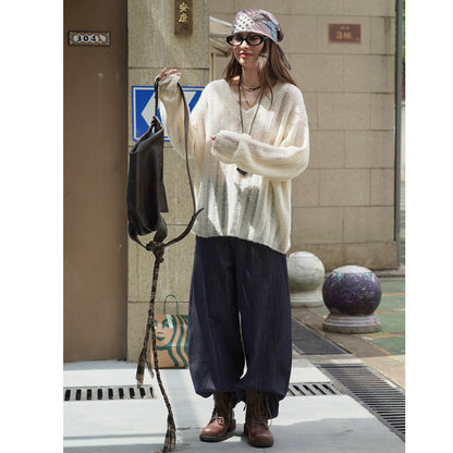 Women Casual V-Neck Sweater made of Fluffy Mix with Structured Rib Look EVA-US
