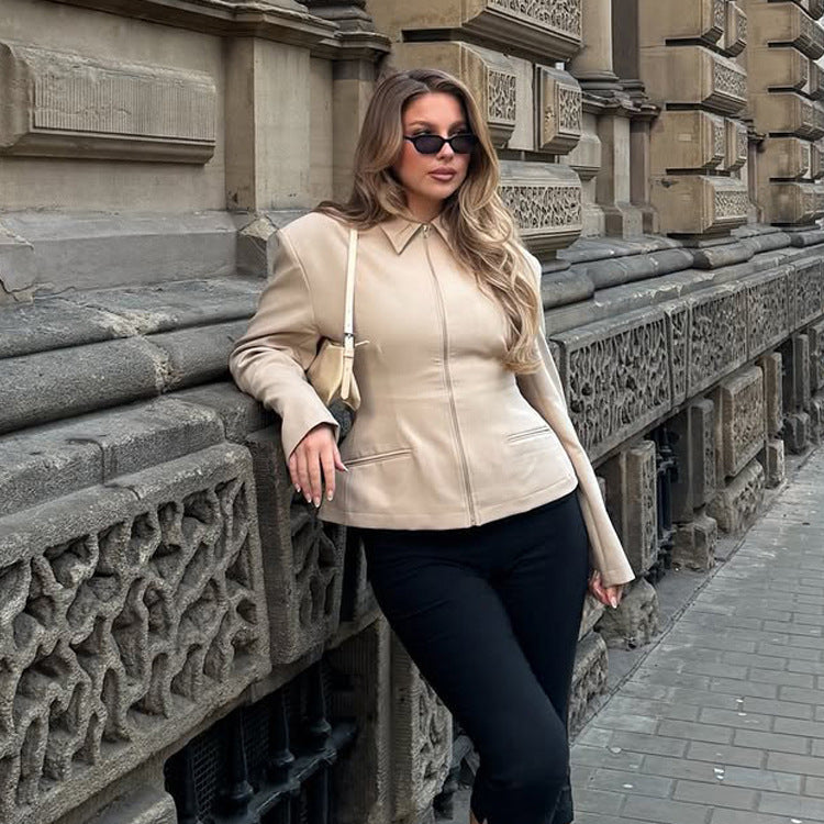 Women's Tailored Short Jacket made of vegan leather imitation with shirt collar and concealed zipper EVA-US