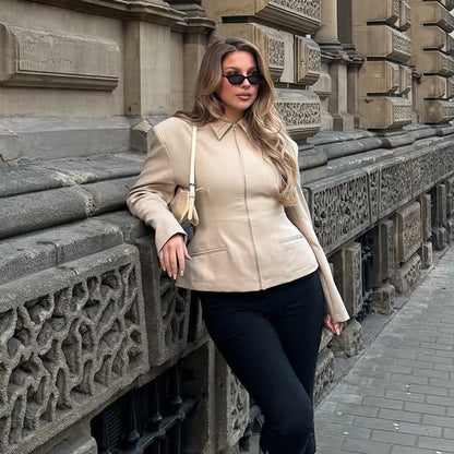 Women's Tailored Short Jacket made of vegan leather imitation with shirt collar and concealed zipper EVA-US