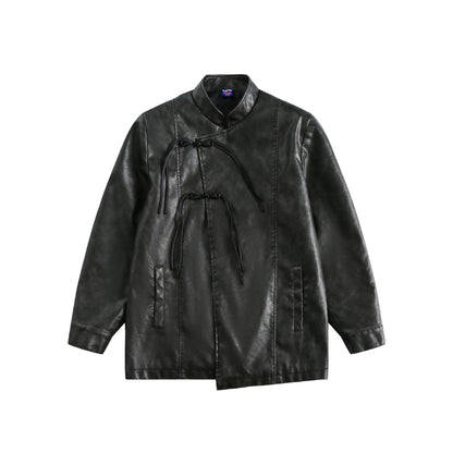 Men's Short Leather Look Coat in Vintage Style with Chinese Knot Closures EVA-US