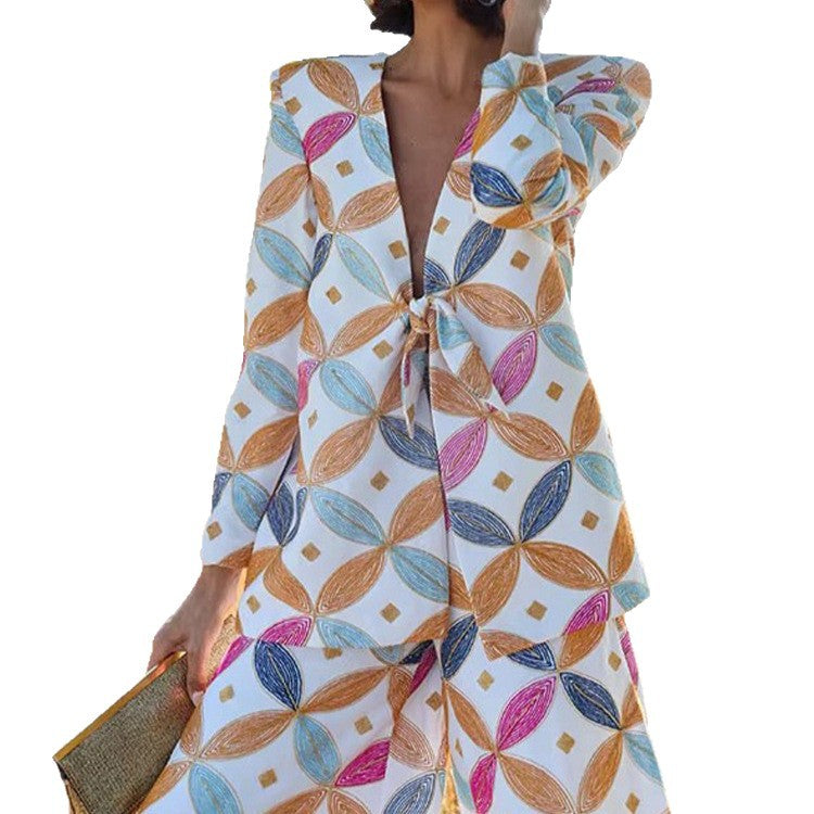 Women's Two-Piece Jacquard Suit with Waist Tie and Wide Leg EVA-US